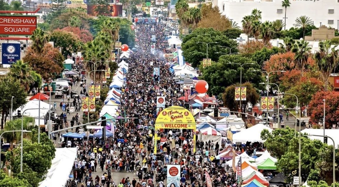 A past Taste of Soul gathering with crowds and vendor tents along Crenshaw Boulevard
